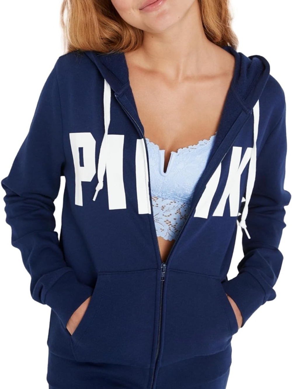 XL Pink By Victoria’s Secret  Navy Blue Full Zip Hoodie Sweatshirt Jacket logo